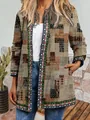Detailed view of vintage ethnic print on women's long sleeve open front jacket - M / Top (9440) / Multicolor Patchwork Totem