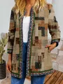 Detailed view of vintage ethnic print on women's long sleeve open front jacket - M / Top (9440) / Multicolor Patchwork Totem
