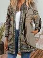 Close-up of retro ethnic print patterns and intricate border details on women's cardigan - M / Tops / Khaki Artistic Print