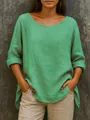 Camiseta de lino y algodón verde informal para mujer con cuello redondo y mangas dobladas. - S / Tops / Verde