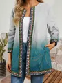 Detail view of retro ethnic print cardigan with gradient teal and white colors. - M / Tops / White and Cyan Gradient Print