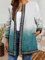 Detail view of retro ethnic print cardigan with gradient teal and white colors. - M / Tops / White and Cyan Gradient Print