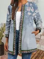 Front detail view of light blue ethnic floral cardigan with patterned borders for women. - M / Tops / Light Blue Purple Floral