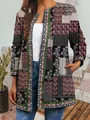 Close-up detail of women's vintage ethnic print bohemian open front cardigan jacket - M / Top (9440) / Red Blue Patchwork Totem