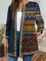 Detailed view of women's vintage ethnic print cardigan jacket with intricate patterns - M / Tops / Deep Blue Geometric Mandala