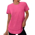 Gedetailleerd overzicht van roze dames t-shirt met ronde hals, gebogen zoom en gemêleerde stof - Rozerood