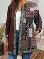 Detail of women's bohemian open front cardigan featuring vintage ethnic patchwork prints - M / Top (9440) / Wine Red Patchwork Print