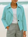 Detail shot of a women's light blue casual short blazer with lapels and single button. - Lake Blue