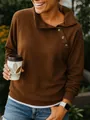 Close-up of brown women's sweatshirt featuring a stylish asymmetric buttoned collar - S / Tops / Dark Brown