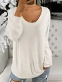 Close-up van witte geribbelde gebreide trui met lange mouwen en diepe ronde hals - S / Tops / Wit