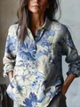Close-up of vintage floral print and texture on casual linen-blend long sleeve shirt - Retro Blue Large Floral