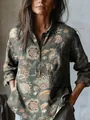 Vintage floral print long-sleeve linen-style blouse featuring button-up front and chest pocket - Dark Grey Green Vintage Floral