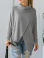 Detail view of grey loose cowl neck knitted top with asymmetrical wrap front design. - S / Tops / Gray