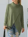 Close-up of olive green cowl neck knit top with stylish asymmetric wrap front design - S / Tops / Green