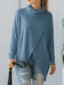Detailed view of woman wearing a blue cowl neck knit top with asymmetric wrap hem design - S / Tops / Blue
