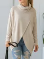 Close-up of beige cowl neck knit top with stylish overlapping front and loose long sleeves - S / Tops / Apricot