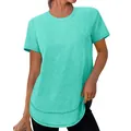 Gedetailleerde weergave van een casual los turquoise t-shirt met ronde hals voor dames - Cyaan