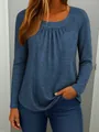 Detail view of a blue women's pleated round neck long sleeve t-shirt in loose fit - S / Top (9787) / Blue