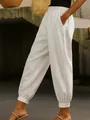 Pantalon carotte décontracté en coton et lin blanc avec taille élastique et poches - S / Bas / Blanc