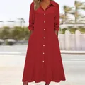 Detailed view of red cotton-linen shirt dress with lapel collar and buttons - S / Tops / Burgundy