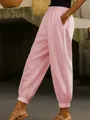 Vue détaillée du pantalon en coton et lin rose avec poches latérales et taille élastique - S / Bas / Rose