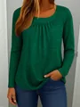 Close-up view of the pleated round neck detail on a dark green long-sleeved casual T-shirt - S / Top (9787) / Green