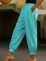 Vue détaillée d'un pantalon décontracté en coton et lin turquoise avec taille élastique - S / Bas / Vert émeraude