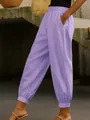 Eleganti pantaloni casual da donna in cotone e lino viola con vita elastica e tasche - Violetto