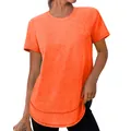 Detail van oranje dames-T-shirt met korte mouwen, ronde zoom en getextureerde stof - Oranjerood