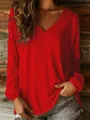 Half-body view of a vibrant red casual loose V-neck long-sleeve blouse for women - Red