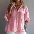 Casual roze linnen shirt met lange mouwen voor dames met reverskraag en een losse pasvorm - S / Tops / Roze