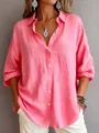 Blusa rosa casual de manga larga con cuello de solapa y botones en tejido texturizado - S / Tops / Rosa rojo