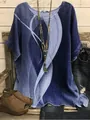 Bohemian casual loose blue tunic top featuring a modern abstract wave print and round neckline - S / Tops / Blue and White Gradient (Abstract Line Print - Fig 34)