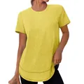 Gedetailleerd zicht op een geel losvallend casual T-shirt met een stijlvolle ronde zoom. - Geel