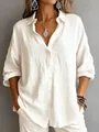 Textura detallada de la blusa blanca de manga larga en estilo lino con botones - S / Tops / Blanco