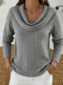 Close-up of a women's gray ribbed knit long-sleeve top with a stylish draped cowl neck. - S / Tops / Gray