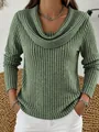 Detailed shot of women's sage green ribbed knit sweater featuring an elegant cowl neck design - S / Tops / Green