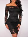 Close-up of sexy off-shoulder black lace bodycon evening dress with long sleeves. - Black