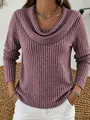 Detailed view of the ribbed texture and stylish cowl neck on this mauve knitted sweater - S / Tops / Fuschia