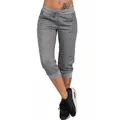 Close-up of grey cropped harem pants with drawstring waist and ribbed cuffs - S / Bottoms / Light Gray