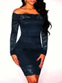 Elegante abito in pizzo blu scuro con spalle scoperte, vestito mini aderente per serate - Taglia S / Top / Blu Scuro