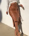 Elegant brown PU leather midi skirt with side slit and button details for women - 2XL / Bottoms / Camel