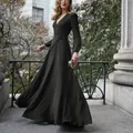 Robe longue élégante noire à col en V, manches longues et ceinture nouée à l'extérieur - S / Hauts / Noir