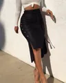 Elegant black high waist PU leather midi skirt with buttons and side slit detail. - 2XL / Bottoms / Black