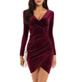 Detailed view of burgundy velvet bodycon dress featuring elegant V-neck and ruching - S / Bottoms / Burgundy