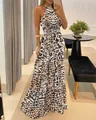 Abito lungo boho con stampa leopardata e scollo all'americana per uno stile estivo elegante. - Taglia S / Stampa leopardata