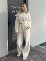 Women's off-white casual two-piece tracksuit with zip-up hoodie and wide-leg pants - S / Top And Bottom / Apricot