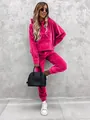 Full body detail of the magenta velour two-piece hoodie and sweatpants set on a model - S / Top And Bottom / Rose Red
