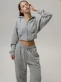 Model wearing a grey two-piece tracksuit with cropped zip-up hoodie and sweatpants - S / Top And Bottom / Gray
