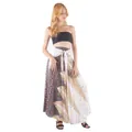 Full-length view of bohemian printed wrap maxi skirt with peacock feather patterns - Smocked White